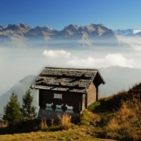 Alpen mit Holzhütte